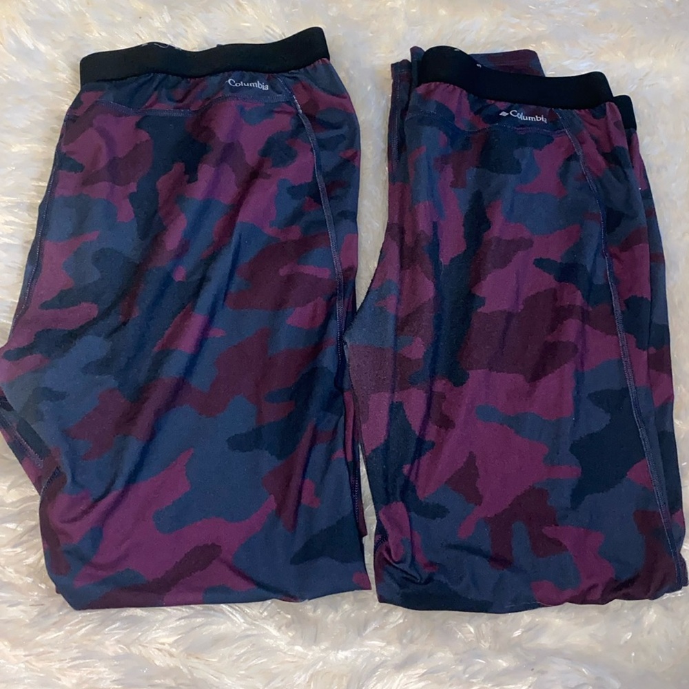 2 pairs of Columbia brand women’s pink and blue camouflage leggings